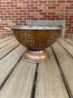 Vintage Solid Copper Colander Stainless Steel Lined Brass Handles Made in Korea